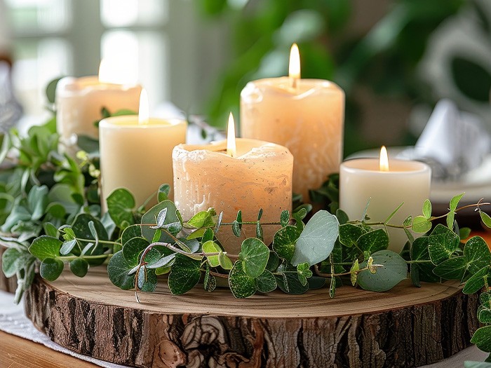 Pillar candles glowing atop a rustic wood platter.